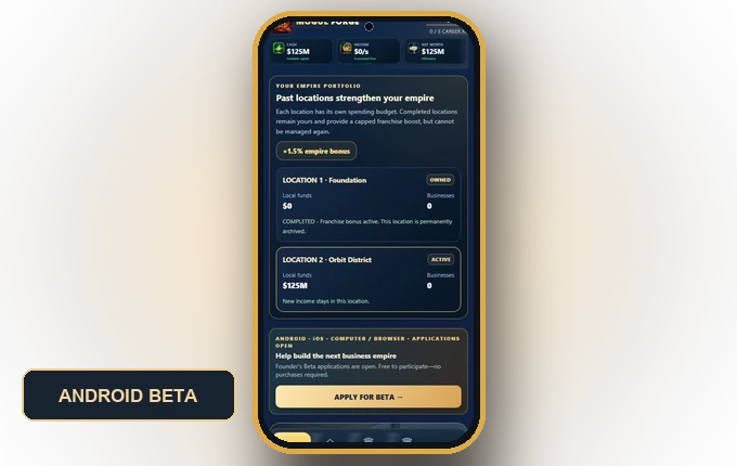Android phone mockup displaying a real Mogul Forge empire screenshot