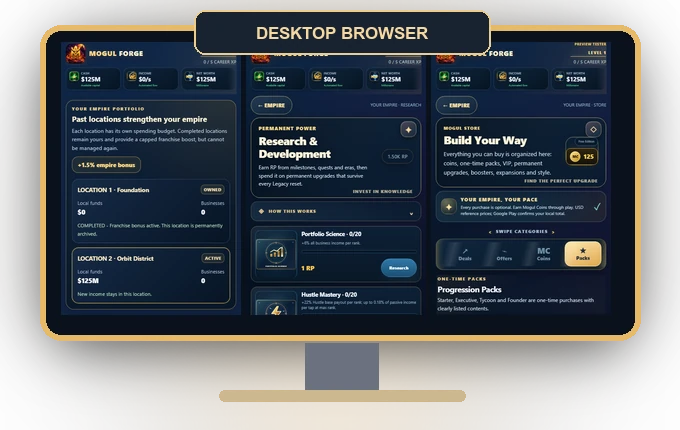 Desktop monitor mockup showcasing real Mogul Forge game screens
