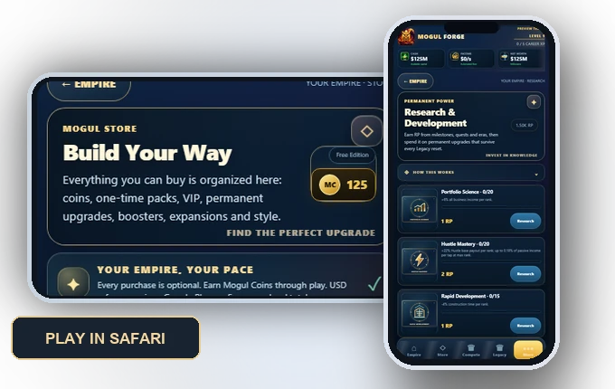 iPhone and iPad mockups with real Mogul Forge gameplay screenshots; browser play only